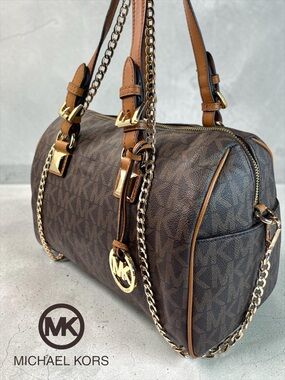 MICHEAL Michael Kors Grayson Signature Coated Canvas and Leather Satchel Brown
